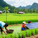 **Image Prompt:** A diverse group of people happily working on a sustainable farm in Thailand, using modern technology alongside traditional methods. Lush green rice paddies and solar panels are visible in the background, symbolizing a blend of agriculture and clean energy. The scene is bright, hopeful, and emphasizes community and environmental responsibility. Focus on the vibrant colors and natural beauty of the Thai landscape.