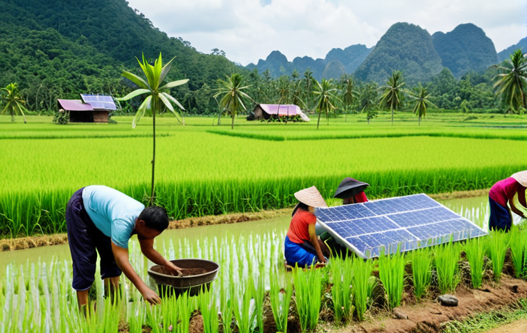 **Image Prompt:** A diverse group of people happily working on a sustainable farm in Thailand, using modern technology alongside traditional methods. Lush green rice paddies and solar panels are visible in the background, symbolizing a blend of agriculture and clean energy. The scene is bright, hopeful, and emphasizes community and environmental responsibility. Focus on the vibrant colors and natural beauty of the Thai landscape.